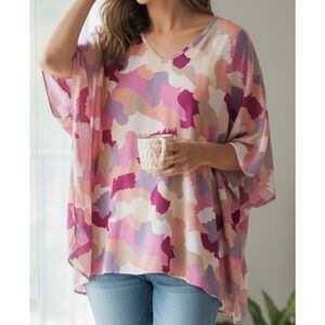 Adrienne Sand Art Poncho Womens Size S Abstract Vneck Blouse Relaxed Fit Flowy